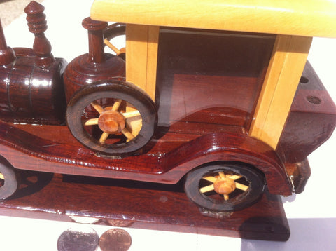 Vintage Wooden Stanley Steamer Classic Wood Car with Removable Clock and Picture Frame Both Sides, 9 inches long, Quality Hardwood, Vintage