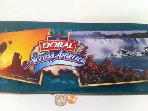Vintage Doral Metal Tin Storage Container, Cigarette Advertising, Doral Across America, 10 x 4 1/2 x 4 inches, Metal Storage Bin Tin Can