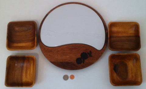 Vintage Wooden Serving Tray with Removable White Dishwasher Safe Plate, and 4 Vintage Wooden Square Bowls, Made in Thailand, Quality Wood
