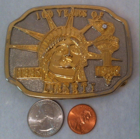 Vintage 1986 Metal Belt Buckle, 100 Years of Liberty 1886 to 1986, Gold and Silver Belt Buckle, Western Wear, Shelf Display