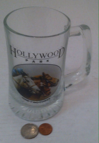Vintage Horse Racing Beer Mug, Stein, Glass, Hollywood Park, One, Two, Three, 5 1/2 x 3 inches, Horse Racing, Shelf Display, Beer Drinking