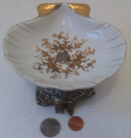 Vintage Porcelain Bar Soap Dish Holder, Tray, Bathroom Decor, Shell Shaped, Cast Iron Pedestal, Baby Angels Claw Feet, Gold Inlay Design
