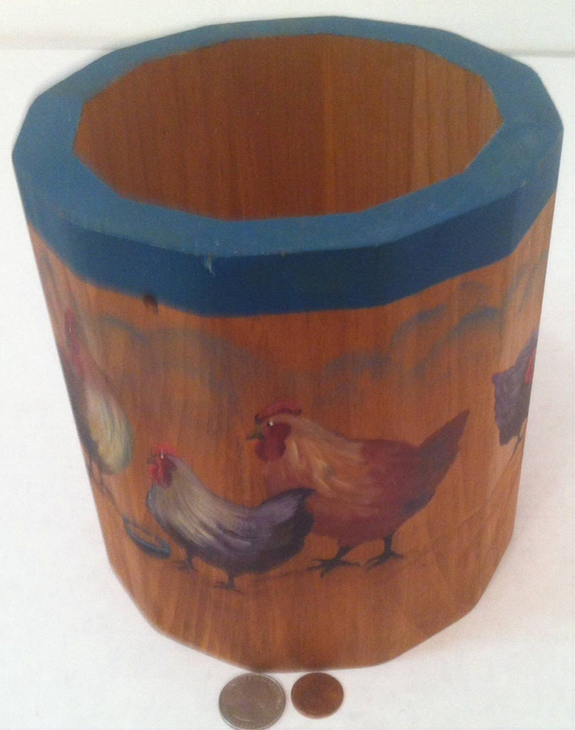 Vintage Wooden Round Box with Chickens All Around It, 12 Sided, 7 x 6 1/2, Heavy Duty Quality, Hand Painted Chickens, Country Decor, Display