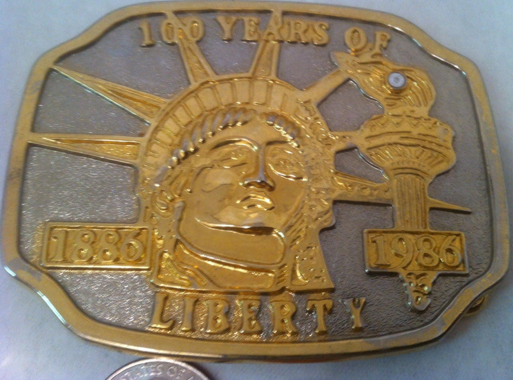 Vintage 1986 Metal Belt Buckle, 100 Years of Liberty 1886 to 1986, Gold and Silver Belt Buckle, Western Wear, Shelf Display