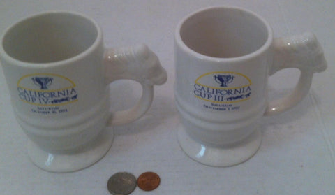 Vintage Set of White Horse Racing Mugs, 1993, California Cup IV, Horse Head Handle, Collectible Coffee Cup Mugs, Horse Racing