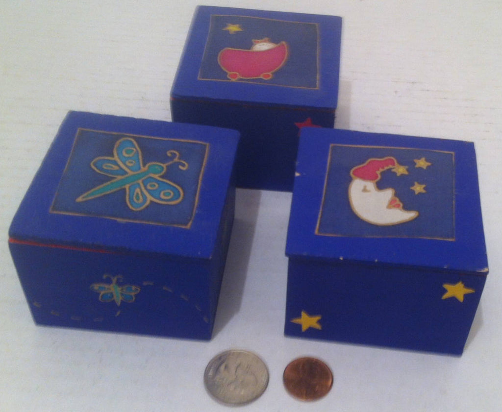 3 Vintage Blue and Red Wooden Boxes, Hand Painted, 2 1/4 x 2 1/4 x 2, This is not brand new, this is normal used and good