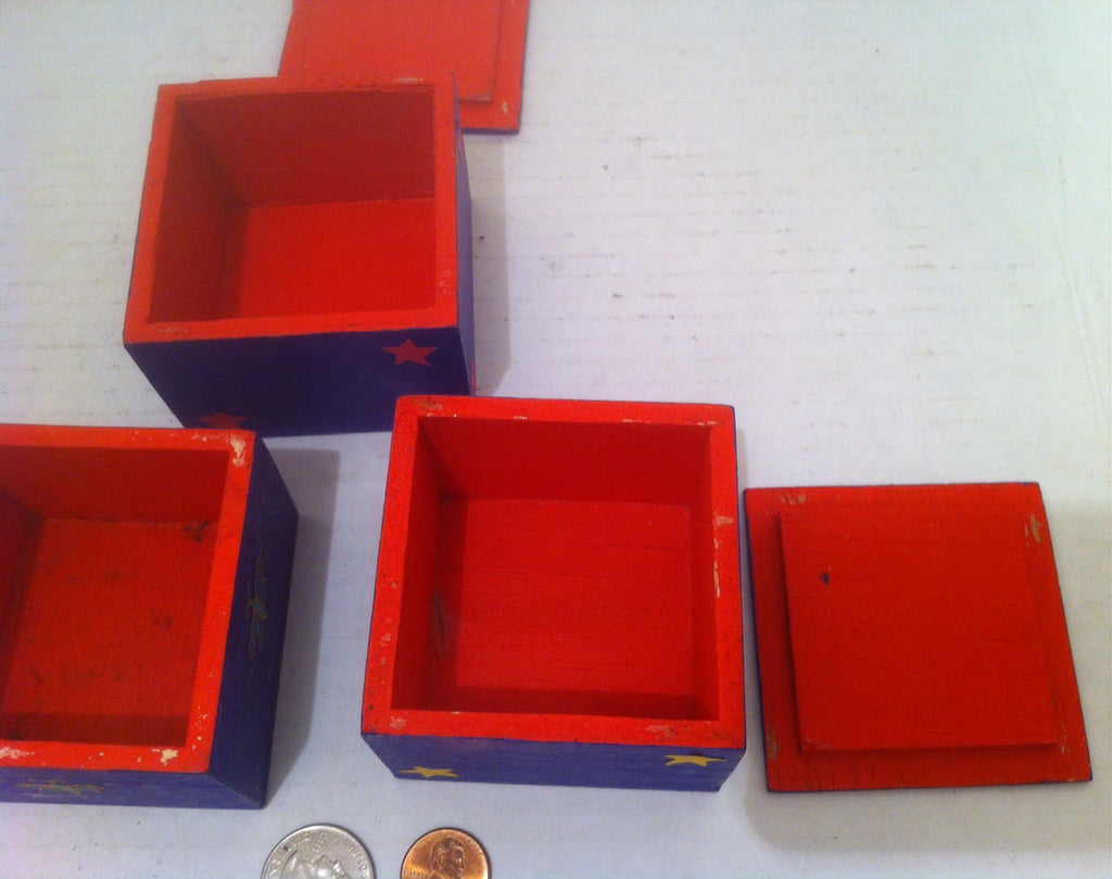 3 Vintage Blue and Red Wooden Boxes, Hand Painted, 2 1/4 x 2 1/4 x 2, This is not brand new, this is normal used and good