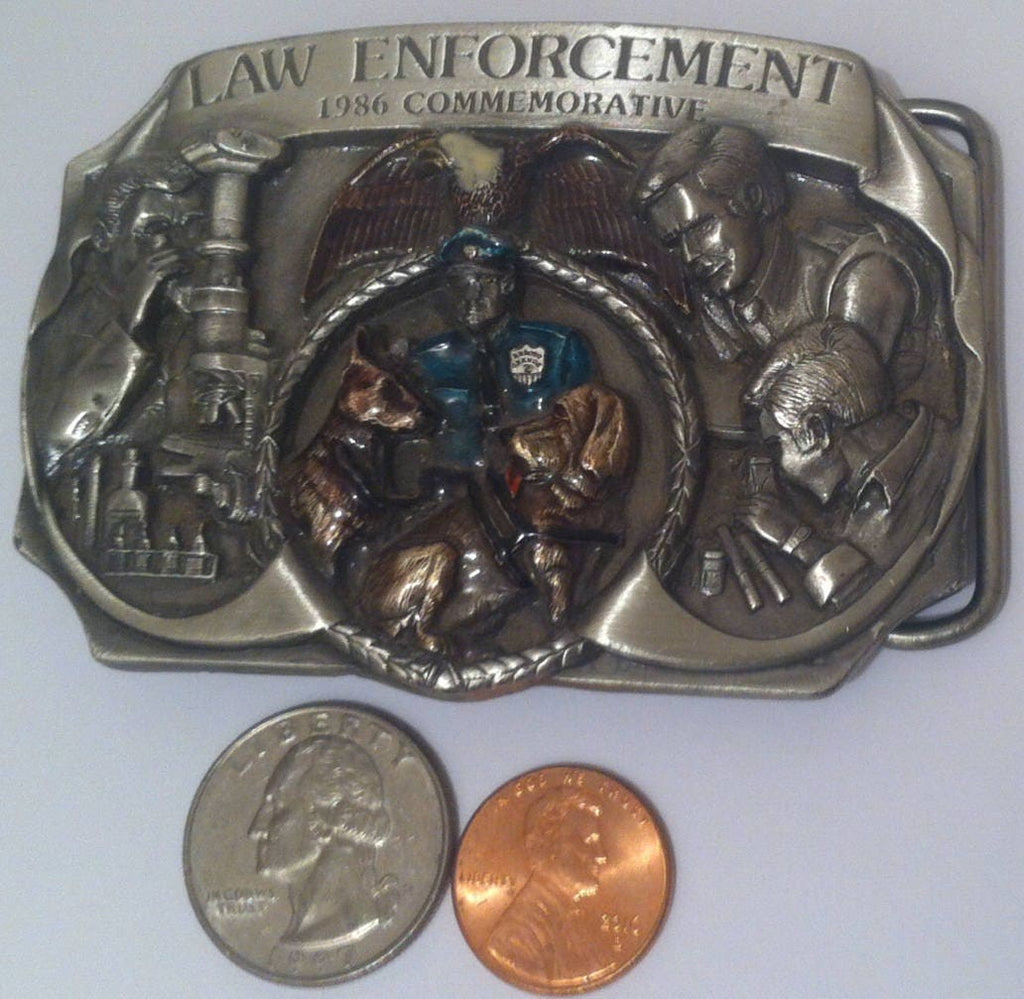 Vintage 1986 Pewter Belt Buckle, Law Enforcement, Police, Cops, Security, Police Dogs, Made in USA, Top of the Line Quality Belt Buckle
