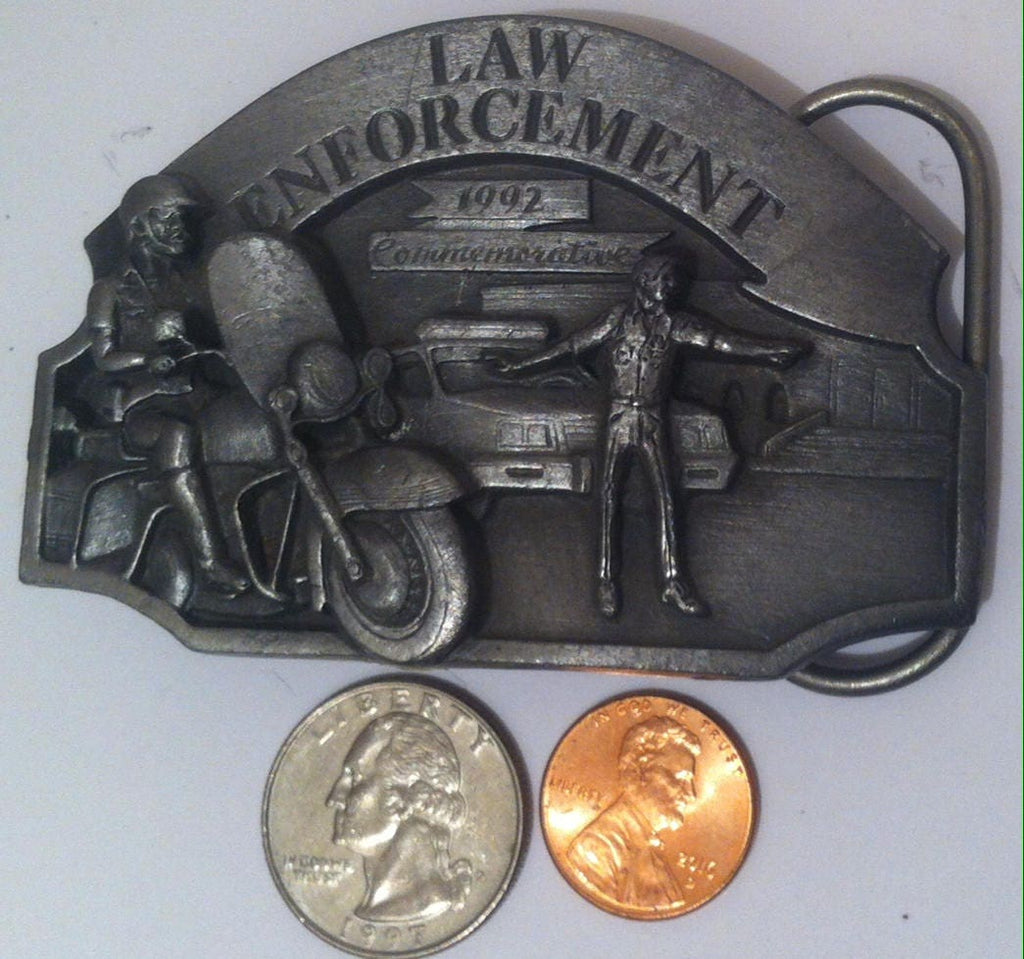 Vintage 1984 Pewter Belt Buckle, Law Enforcement, Police, Cops, Security, Made in USA, Top of the Line Quality Belt Buckle, Police Bike