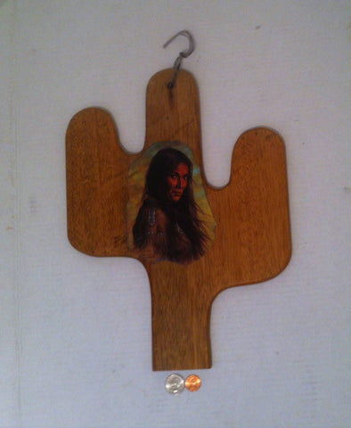 Vintage Wooden Cactus Wall Hanging with Indian Girl, Native American, Home Decor, Made in Philippines, 15 x 11, Kitchen Decor, Living Room