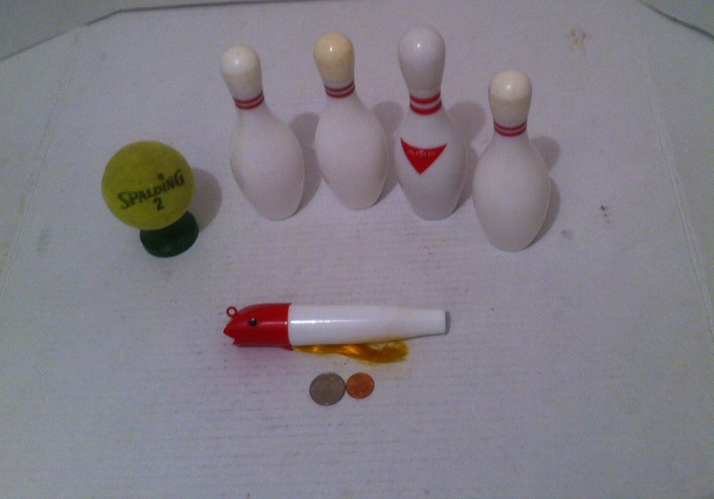 Vintage Collection of 6 Sports Items, Bowling Pins, Tennis Ball, Fishing Lure, Glass Bottles, Avon Collectibles, Home Decor, Shelf Display