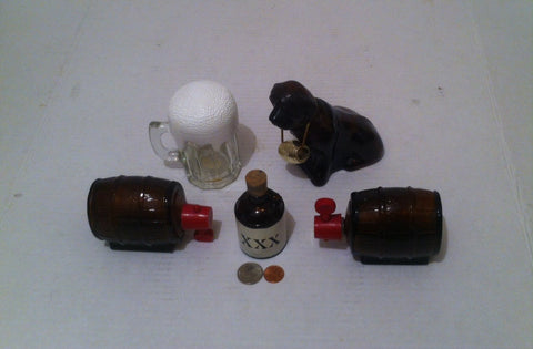 Vintage Collection of 5 Glass Alcohol Items, Beer Glass, Whiskey Kegs, XXX Moonshine, Saint Bernard, Glass Bottles, Avon Collectibles, Home