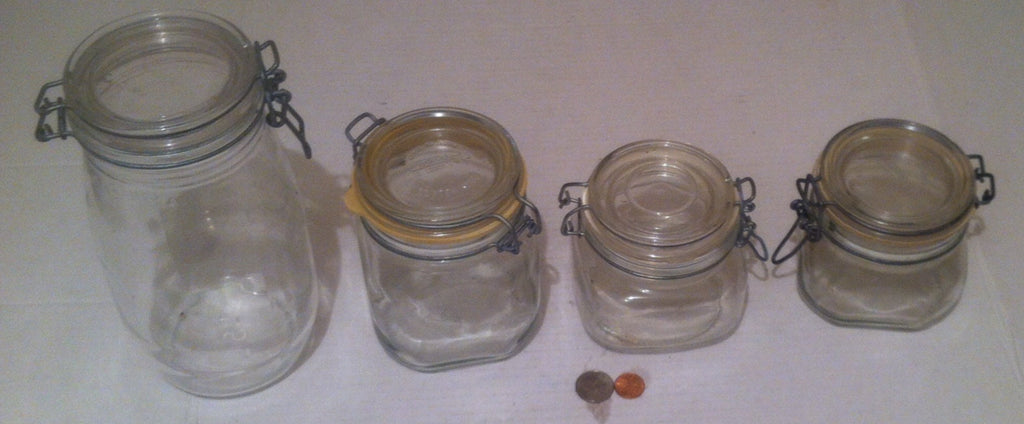 Vintage Set of 4 Various Air Tight Container Jars, Made in Italy, Heavy Duty Glass, Thick Quality, Assorted Canning Jars, Shelf Display
