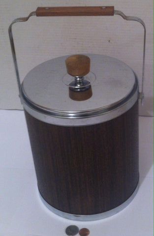 Vintage Metal Quality Made Ice Bucket, Chrome and Wood Trim, Made in USA, 10 x 8, Bar Decor, Home Decor, Shelf Display, Nice Good Ice Bucket