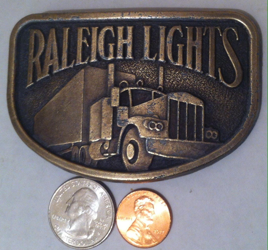 Vintage Metal Brass Belt Buckle, Raleigh Lights, 18 Wheeler, Semi Truck, Rig, Shelf Display.