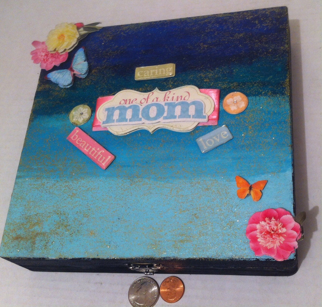 Vintage Wooden Storage Box, Mother, Mom, Caring, Love, Beautiful, 8 1/2 X 8 X 2, The Top Has Glitter but is Hard to Tell in the Pictures