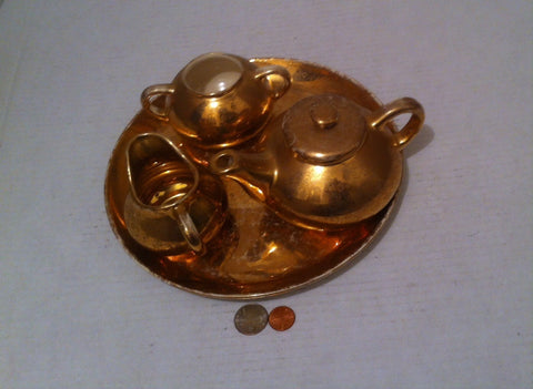 Vintage Gold Colored Tea Set, 22 Karat Gold, Table Decor, Home Decor, Shelf Display, Tea Pot, Creamer, Sugar, Tray, Platter, Nice Set