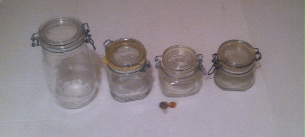 Vintage Set of 4 Various Air Tight Container Jars, Made in Italy, Heavy Duty Glass, Thick Quality, Assorted Canning Jars, Shelf Display