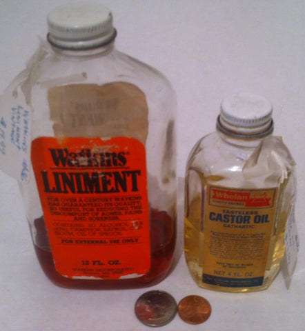 Vintage Lot of 2 Old Glass Bottles, Watkins Liniment, Caster Oil, Shelf Displays, Vintage Old Glass Medicine Bottles