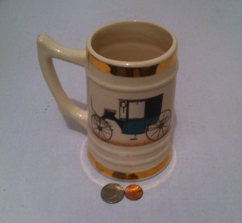 Vintage Ceramic Mug Stein, Old Fashioned Green Car, 22 Karat Gold Decorated, Table Decor, Shelf Display, Barware, Vintage Old Early Days Car