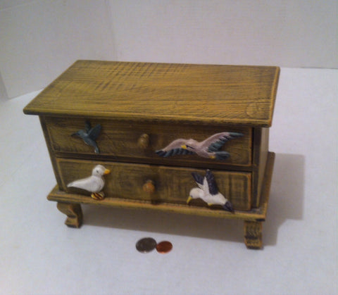 Vintage Wooden Storage Box with Pull Out Drawers, Hummingbird, Seagulls, Birds, Claw Foot Legs, 10 x 7 x 5, Room Decor, Dresser Decor, Shelf