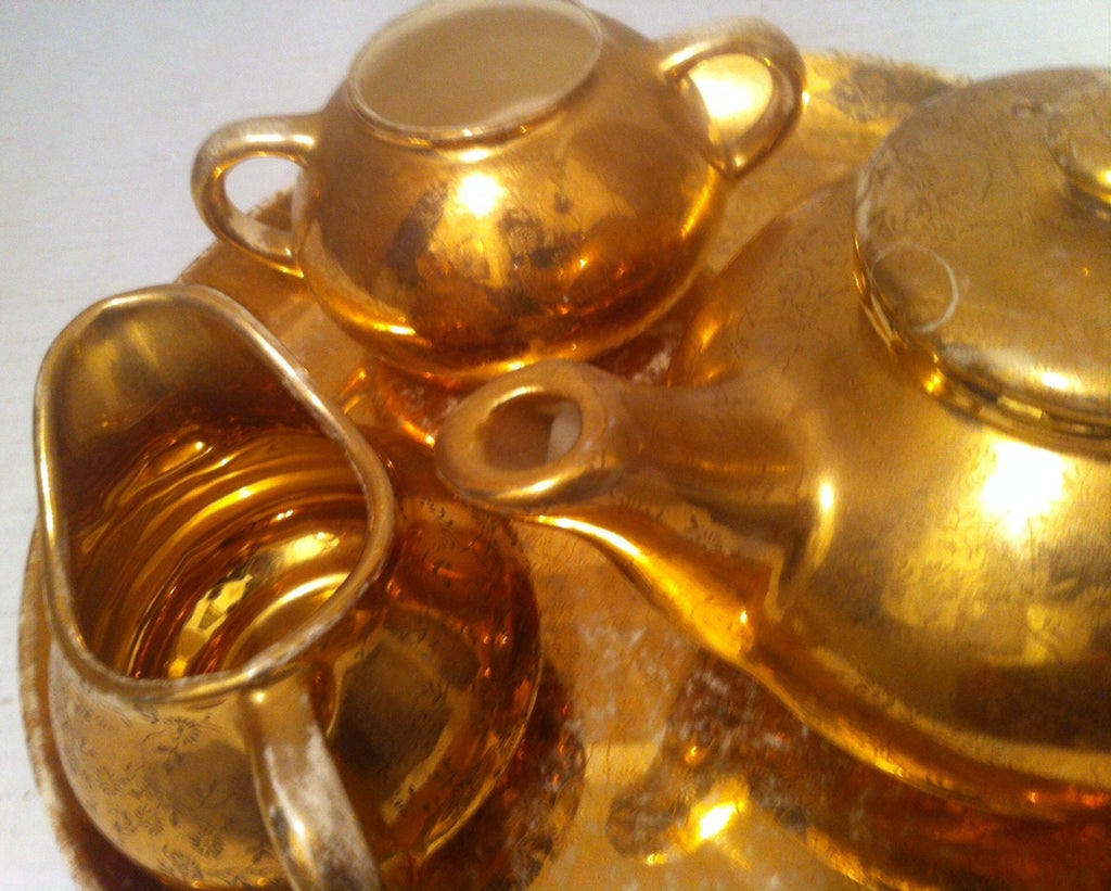 Vintage Gold Colored Tea Set, 22 Karat Gold, Table Decor, Home Decor, Shelf Display, Tea Pot, Creamer, Sugar, Tray, Platter, Nice Set
