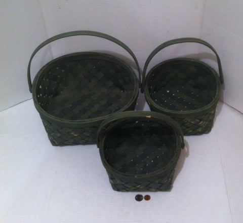 Vintage Set of 3 Green Matching Baskets, The Biggest is 13 x 13 x 6, Stacking, Fruit Display, Flower Display, Home Decor, Shelf Display