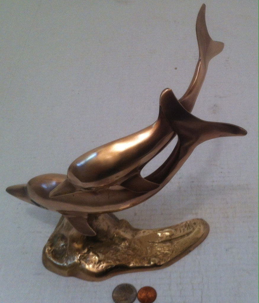 Vintage Brass Set of Dolphins, Fish, Home Decor, Shelf Decor, Sea Life, Mother Nature, 10 x 10 inches, Brass Sculpture Dolphins, Double Fish