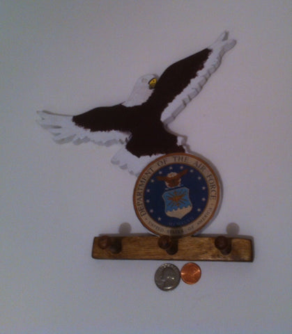 Vintage Wooden U.S. Air Force Eagle, Shield and Coffee Cup Holder, Keys, Ties, Misc.  9 1/2" x 9"  Wooden Wall Decor, Military US Air Force