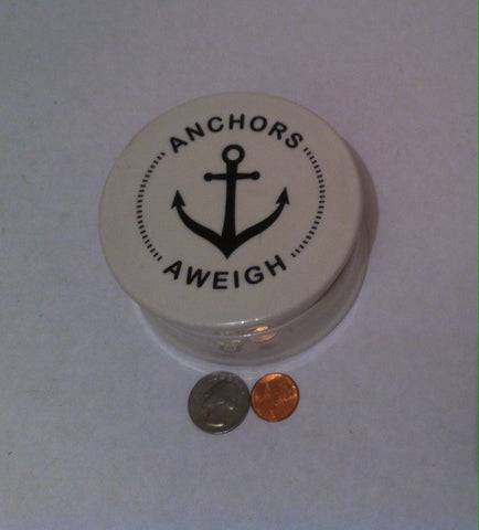 Vintage White Ceramic Jar, Container, Anchors Aweigh, Navy Anchor, 4" x 2", Dresser Decor, Table Display, Heavy Duty Thick