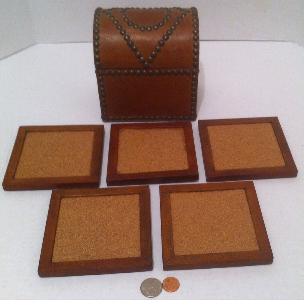 Vintage Set of Coffee Cup Coasters, Coaster Set, Leather Studded Case with Purple Velvet Interior, 6 1/2" x 6" x 4 1/2", Kitchen Décor