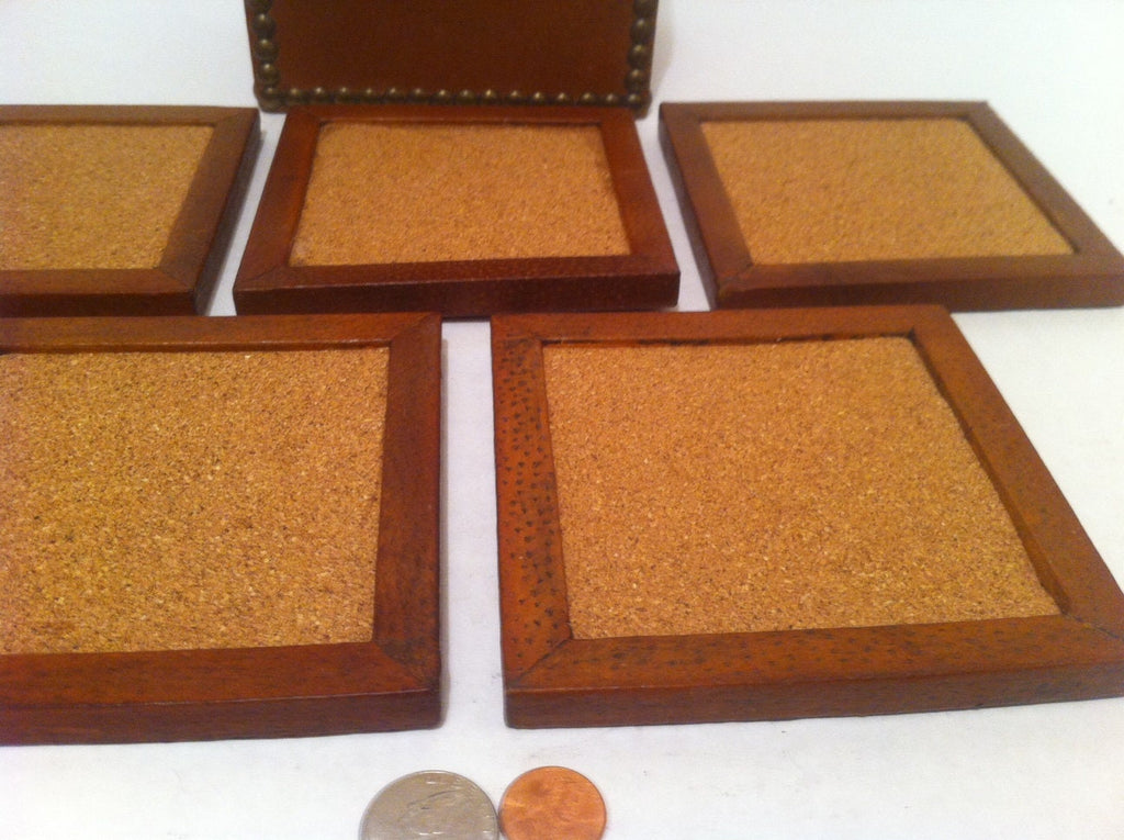 Vintage Set of Coffee Cup Coasters, Coaster Set, Leather Studded Case with Purple Velvet Interior, 6 1/2" x 6" x 4 1/2", Kitchen Décor