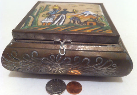 Vintage Metal Silver Storage Box, Stash Box, Mirrored Interior, Desert Enamel Design, Quality Heavy Duty Box, 5 1/2" x 5 1/2" x 2 1/2"