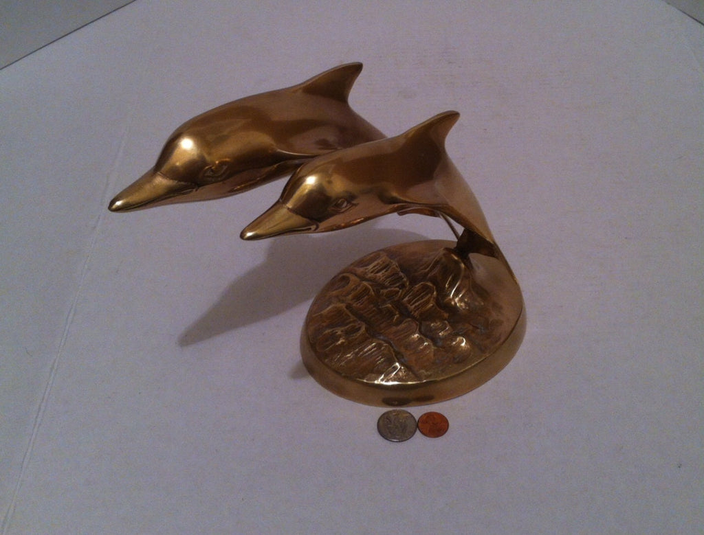 Vintage Brass Set of Dolphins, 9 1/2" x 8" x 6" Quality Brass Statue, Heavy Duty, Can Be Shined Up Even More, Table Décor, Home Décor