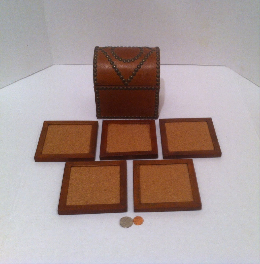 Vintage Set of Coffee Cup Coasters, Coaster Set, Leather Studded Case with Purple Velvet Interior, 6 1/2" x 6" x 4 1/2", Kitchen Décor