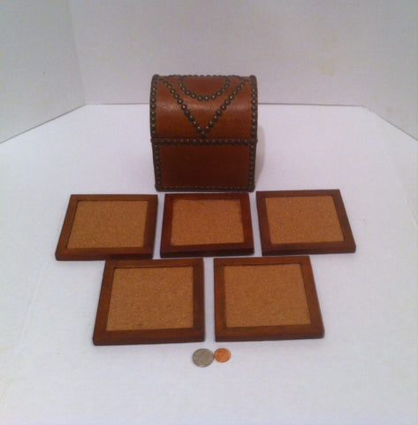 Vintage Set of Coffee Cup Coasters, Coaster Set, Leather Studded Case with Purple Velvet Interior, 6 1/2" x 6" x 4 1/2", Kitchen Décor