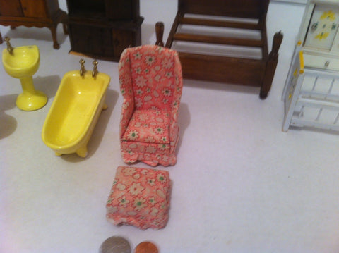 Vintage Miniature Doll House Furniture, Porcelain Bathroom Set, Dressers, Baby Crib, Chair and Footstool, Fun Doll House Items