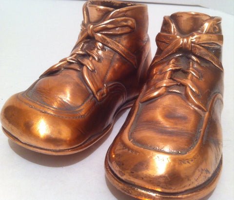 Vintage Metal Copper Set of 2 Kids Baby Shoes, Metal, 6" Long, Numbered on Bottom, Quality, This Can Be Shined Up Even More.