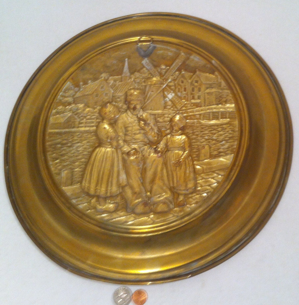 Vintage Brass Metal Plate, 16' Wide, Dutch, Windmills, Wall Decor, Wall Hanging, Can Be Shined Up More, Quality Brass Wall Hanging Decor