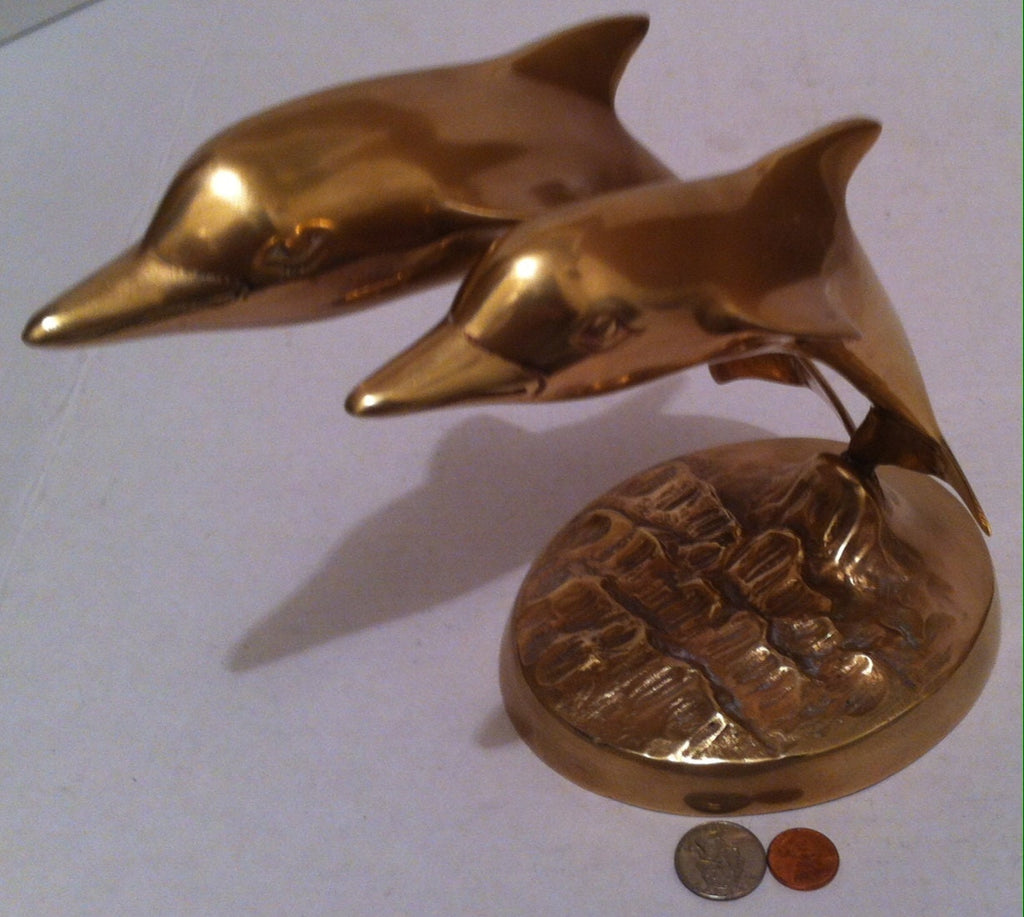 Vintage Brass Set of Dolphins, 9 1/2" x 8" x 6" Quality Brass Statue, Heavy Duty, Can Be Shined Up Even More, Table Décor, Home Décor