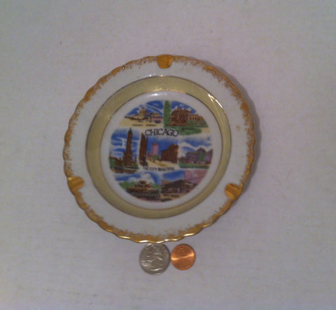 Vintage Ceramic Porcelain Ashtray, Cigarettes, Chicago Area, Made in Japan, Gold Trim, Midwar Airport, Buckingham Fountain, 6" Wide