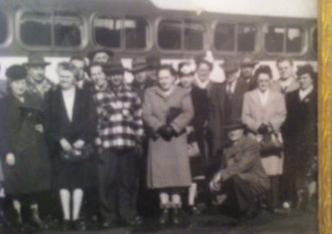 Vintage Old Photograph in Glass Frame, 32 People I Can Count Standing in Front of a Bus, 10" x 8", I Notice Most of Their Clothing Looks