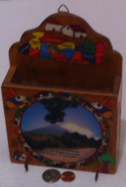 Vintage Wooden Wall Hanging Storage Box, Bills Box, Mail Box, Thick Gloss Epoxy Finish, 8" x 5 1/2" x 2", San Miquel, El Salvador