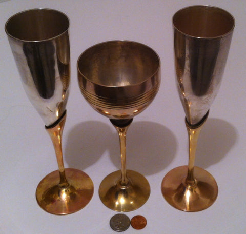 3 Vintage Metal Brass and Silver Plate Wine Flutes, Champagne, Barware, Kitchen Decor, Shelf Display, These Can Be Shined Up Even More