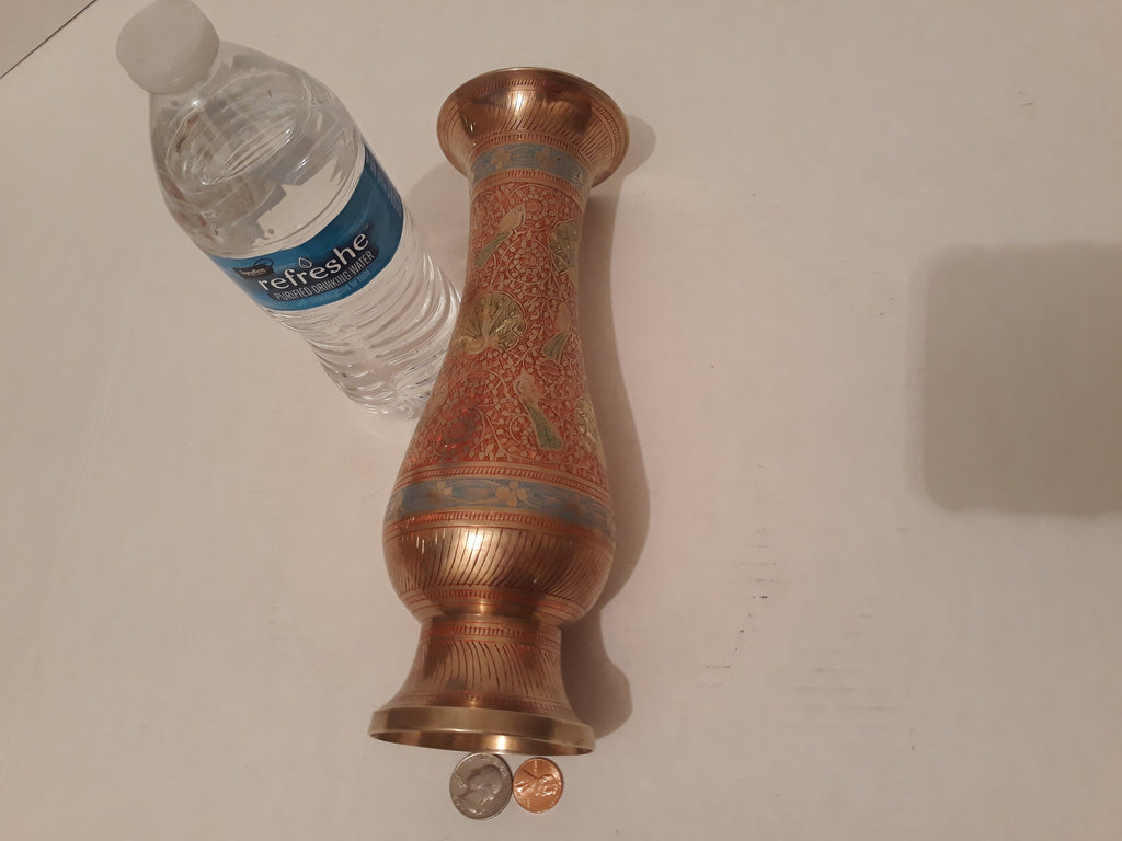Vintage Metal Brass Vase, Intricate Design, Red, Green, Blue, Peacocks, 10", Quality Brass, Home Decor, Table Display, Shelf Display