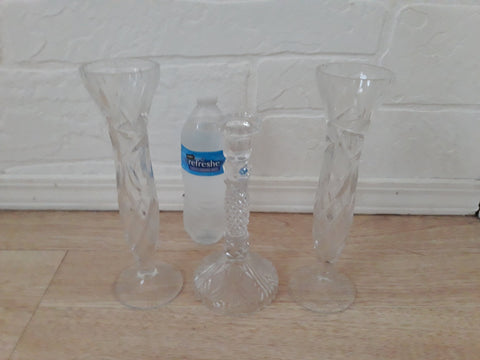 Vintage Set of 3 Crystal Drinking Glasses and Candlestick Holder, Thick Glass, Perfect for Dinner for 2, Romantic, 10" tall and 8" tall