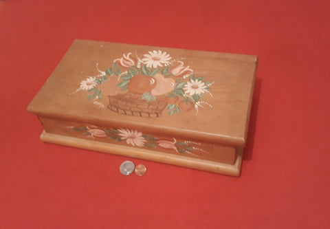Vintage Wooden Storage Box, Stash Box, 13" x 7" x 3 1/2", Fruit Basket and Flower Design, Table Display, Dresser Display, Shelf Display