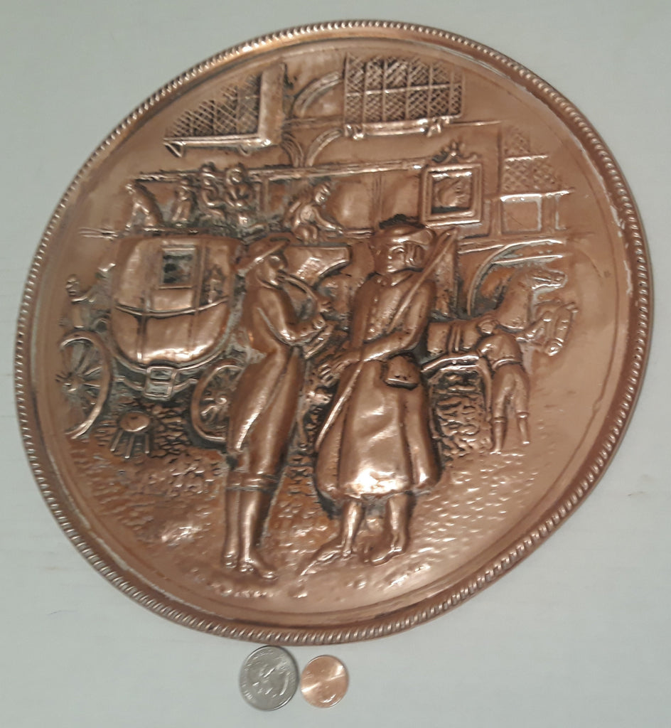 Vintage Metal Copper Wall Hanging Plate, 11" Wide, Horse Drawn Carriage, Home Decor, Wall Hanging Display, Shelf Display, This Can Be Shined