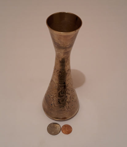 Vintage Metal Brass Vase, 7 1/2" Tall, Etched Design, Green and Red Sparkles, Home Decor, Table Display, Shelf Display