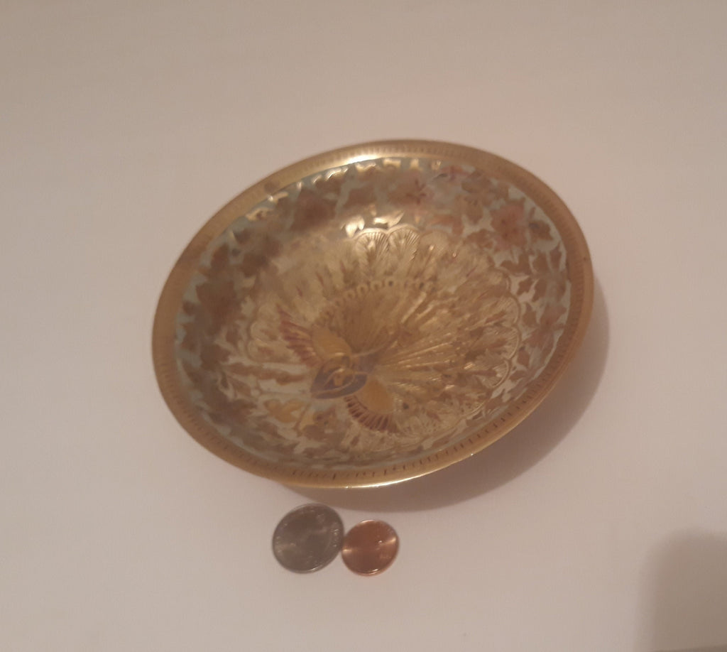 Vintage Metal Brass Bowl, Tray, 6" Wide, Intricate Peacock Design, This Can Be Shined Up Even More